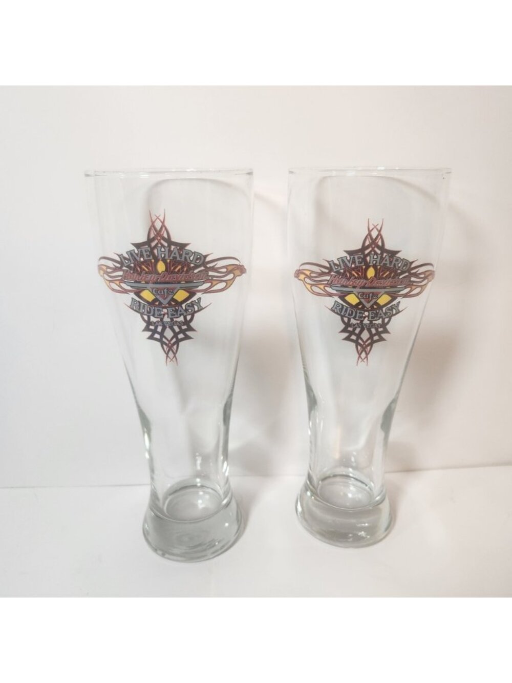 Harley Davidson Cafe Las Vegas Pilsner Glass Set Live Hard Ride Easy 9 Inch 2pc